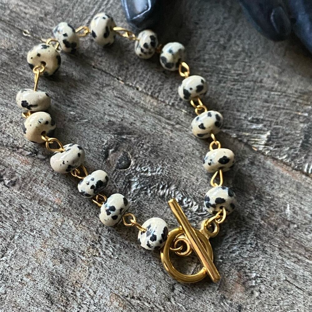 NEW Dalmation Jasper Beaded Gold Toggle Bracelet